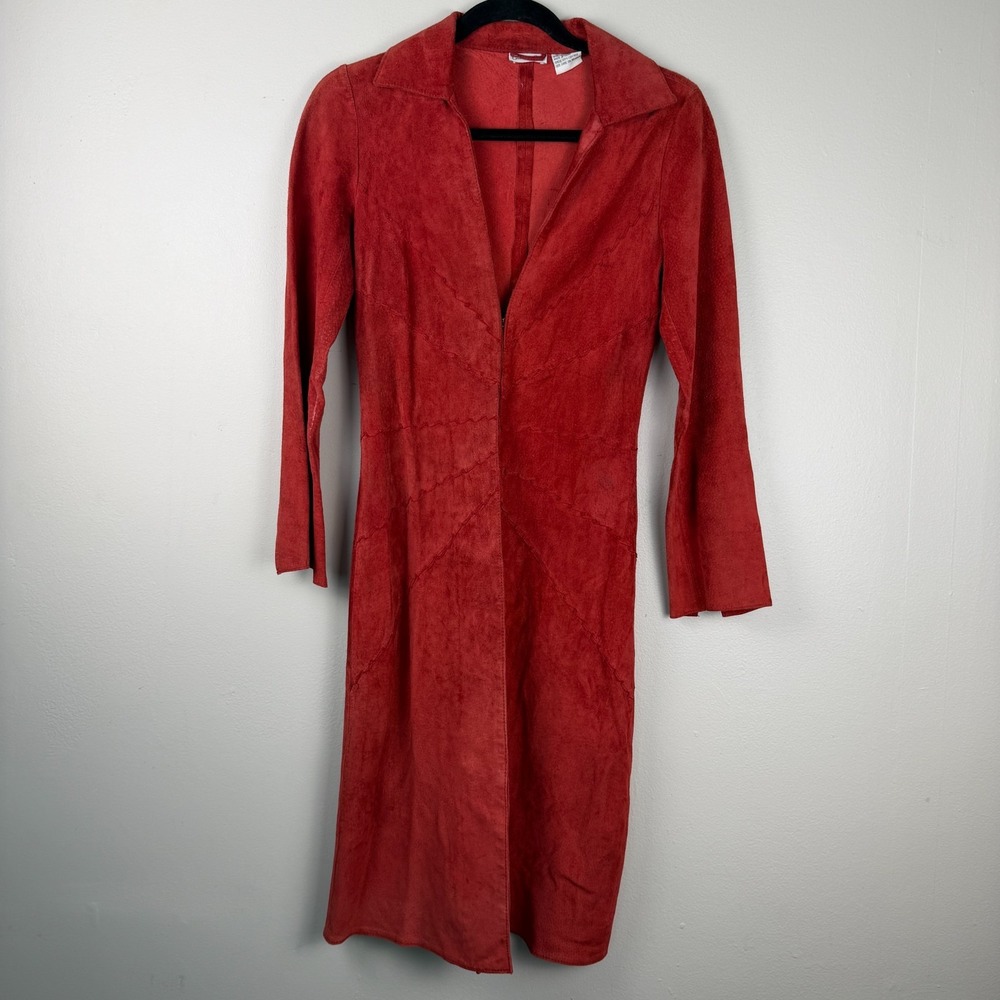Vintage Charlotte Russe Long Coat Women XS Red 100% Leather Collared Long Sleeve